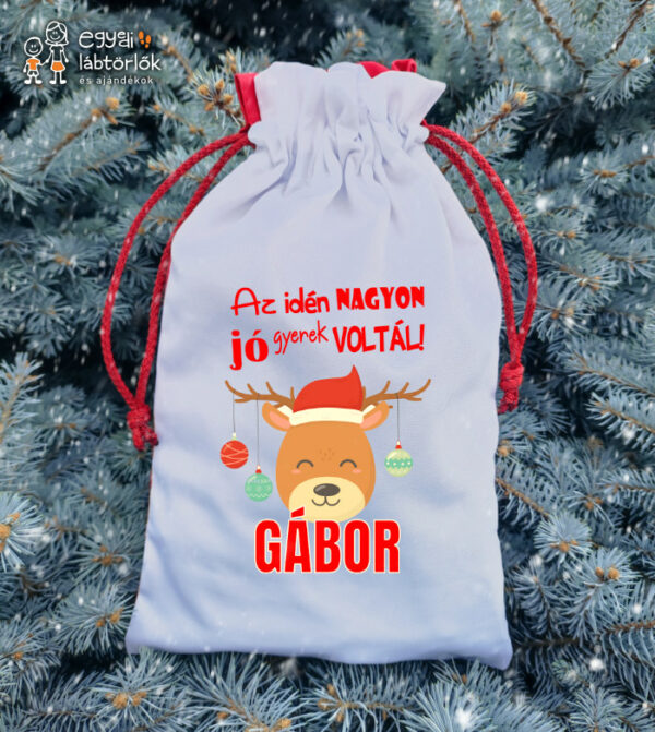 Névre szóló Mikulás zsák -Jó gyerek voltál-rénszarvas minta - fehér/piros