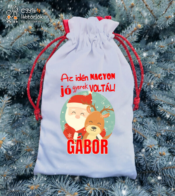 Névre szóló Mikulás zsák -Jó gyerek voltál-Mikulás-szarvas minta - fehér/piros
