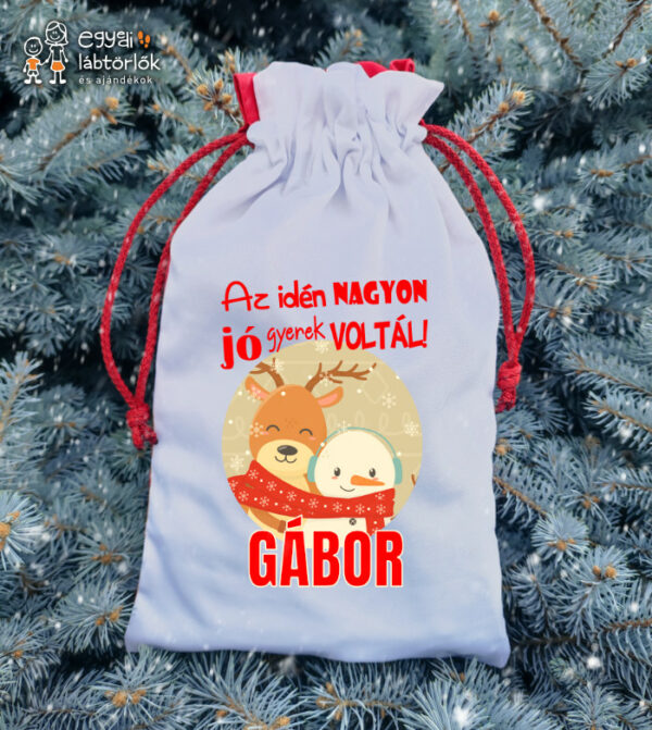 Névre szóló Mikulás zsák -Jó gyerek voltál - rénszarvas-hóember - fehér/piros